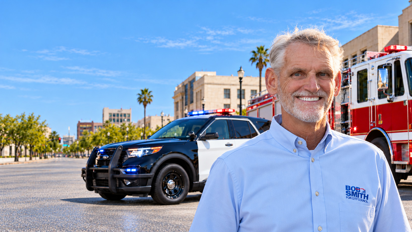 Bob Smith smiling in front of a police vehicle and a fire engine in the campaign mailer